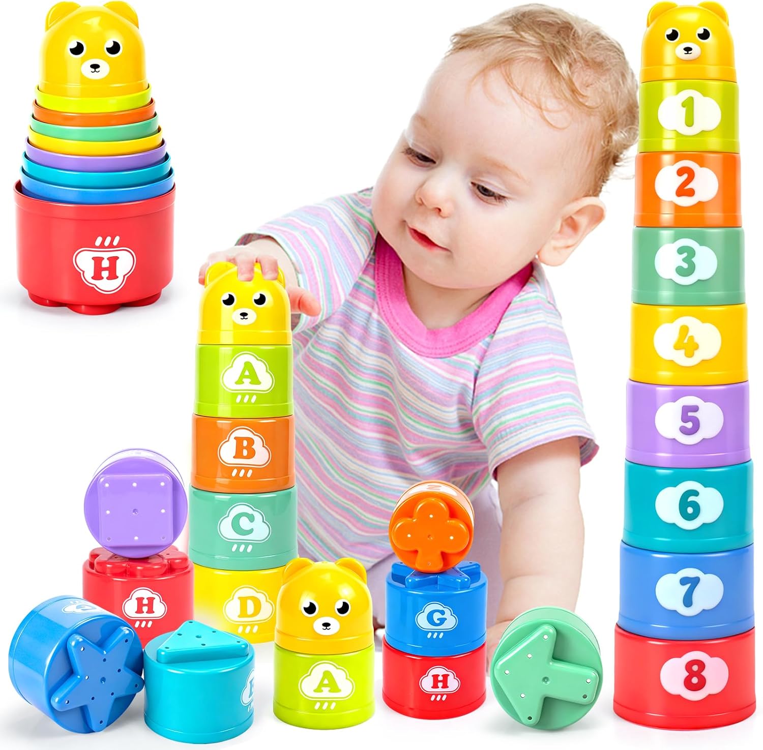 Stacking Cups Toys for Toddlers 1-3, Baby Toys Stacking Cups &amp; Teething Toy for Babies 6-12 Months Montessori Educational or Bath Fun Stacking Blocks for Toddlers 1-3