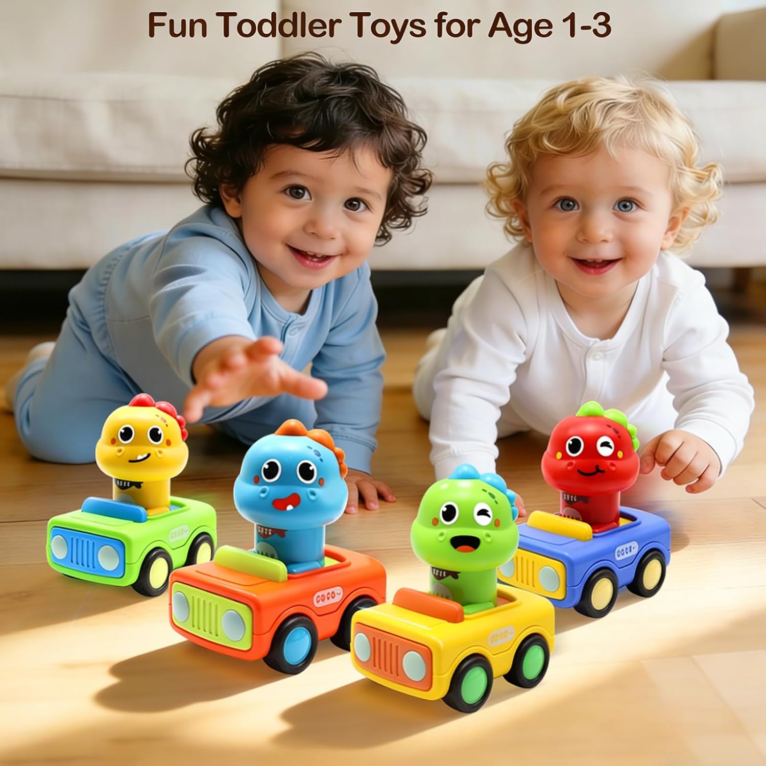 Pbooo Press to Go Car, Dinoaur Car Toys for Toddlers 1-3, Kids' Play Vehicles and Race Cars, Push Go Cars for 6-12-18 Month, Ideal Christmas and Birthday Gift for 1-2 Year Old Kids