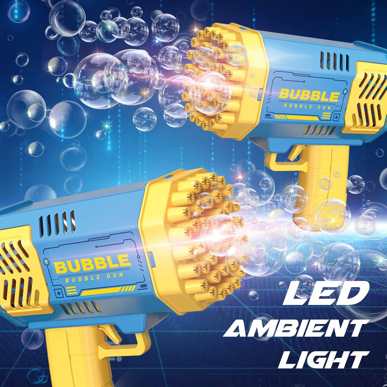 Bubble Gun 2 Pack with 2 Bottles Bubble Solution, 40-Hole Light Up Dip Bubble Machine for Kids, Bubble Toy for 3 4 5 6 7 8 Years Old Boys Outdoor Indoor Kid Birthday Wedding Party(2*Blue)