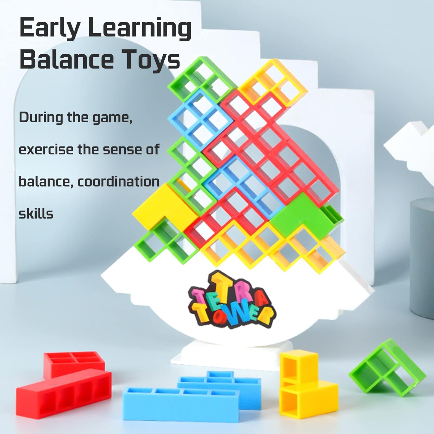 ALKISTA 48 Pcs Tetra Tower Balance Stacking Blocks Game, Board Games for 2 Players+ Family Games, Parties, Travel, Kids &amp; Adults Team Building Blocks Toy