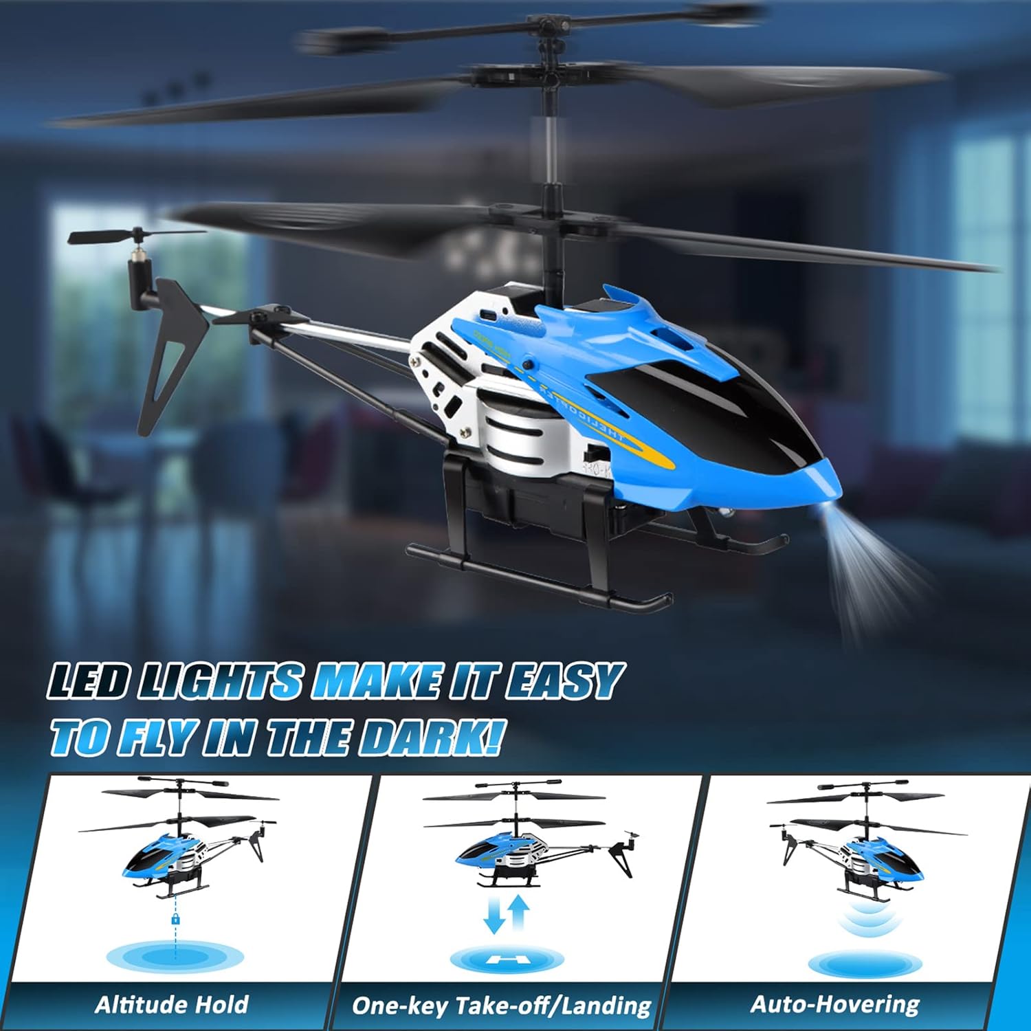 RC Helicopters - Remote Control Helicopter Toys: One Key Take-Off/Landing, Automatic Altitude Hold, LED Light &amp; 3.5 Channel Gyro Stabilizer, Flying Toys - Gift for Boys/Girls Kids Adults, Blue