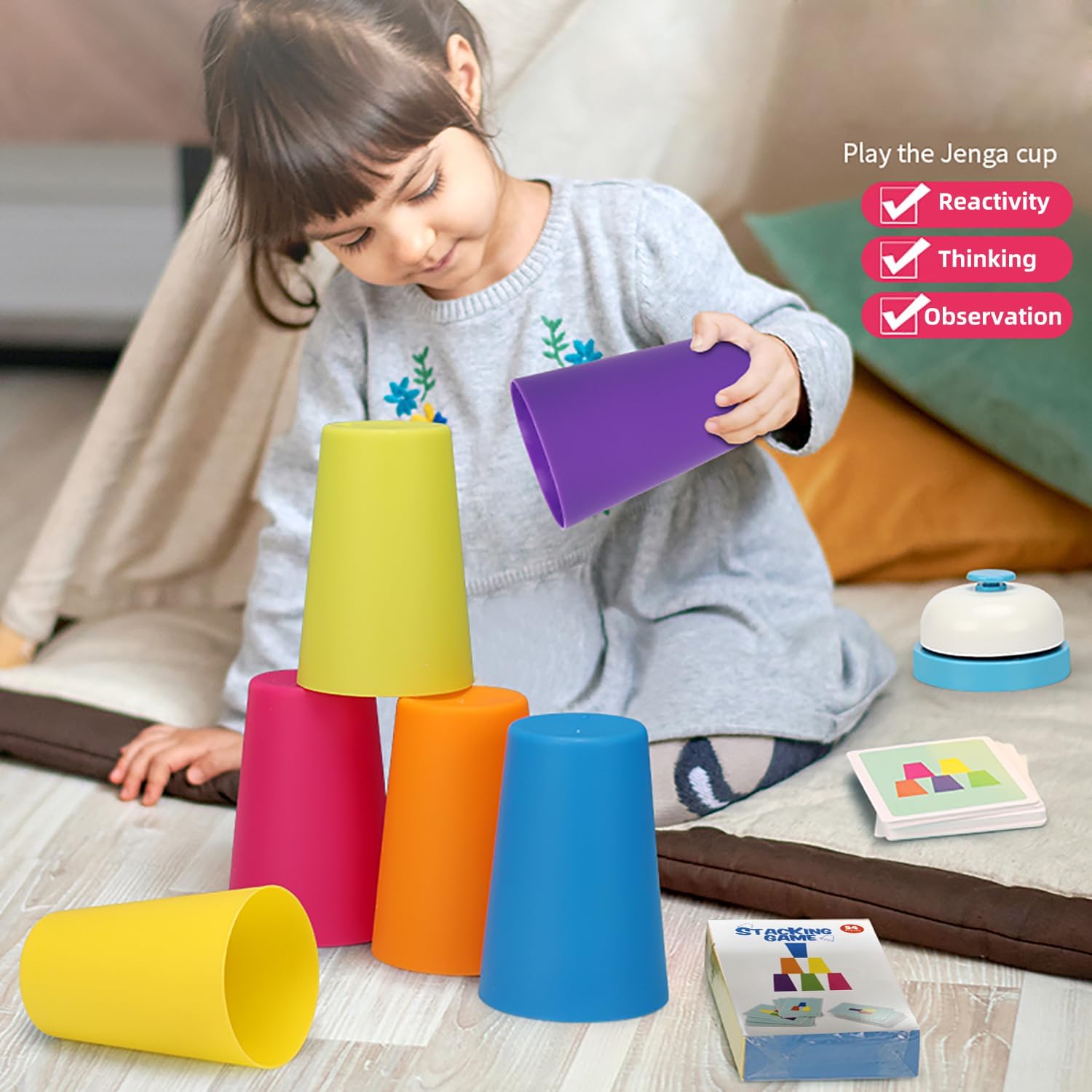 Family Game Battle Stacking Cups, Table Game Color Sorting Cognitive Training Stacking Cups, Puzzle Competitive Parent-Child Interactive Toys Halloween (54 Cards, 12 Cups, 1 Bell)