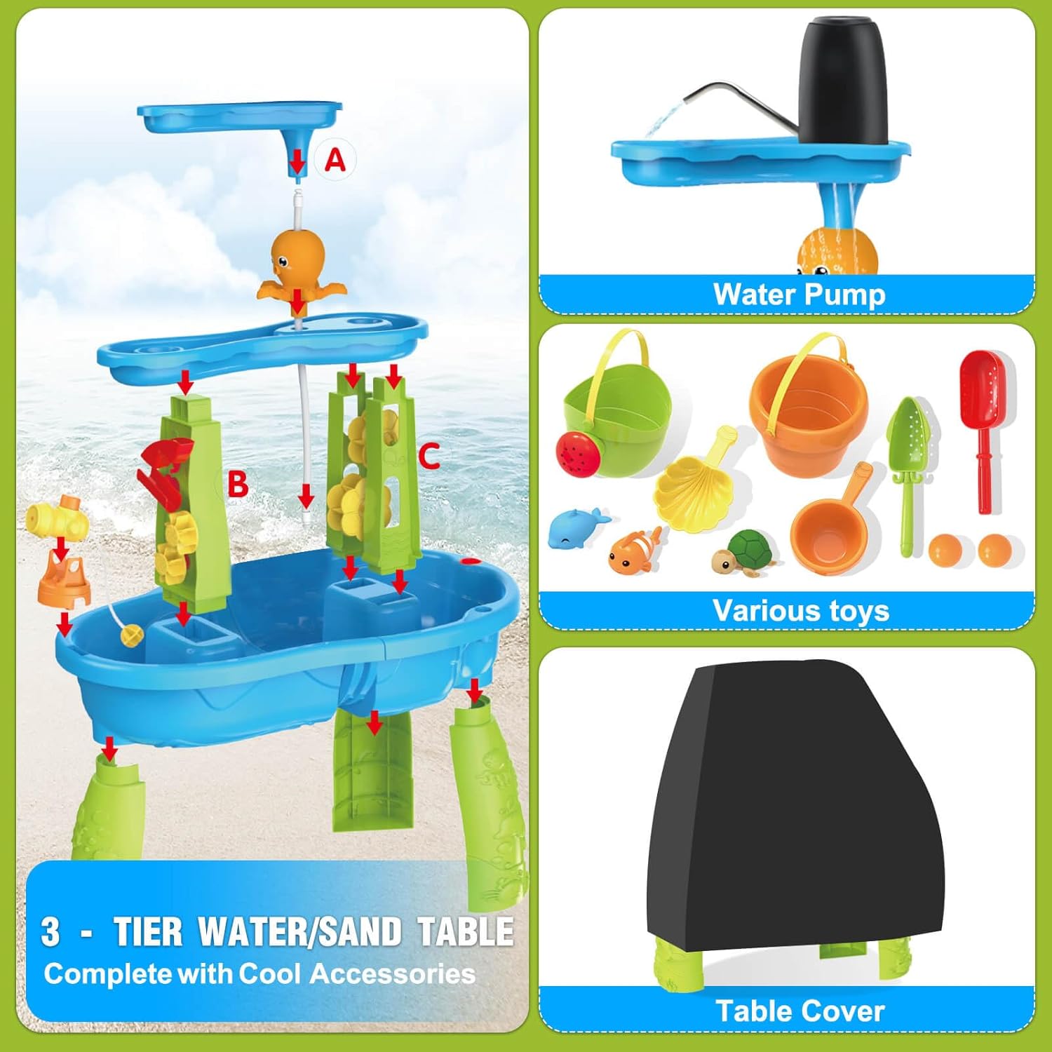3-Tier Water Table for Toddlers with Pump, Table Cover - Sand Activity Sensory Playset, Summer Outdoor Outside Pool Backyard Beach Toys for Kids Age 1 2 3 4 5 8 Year Old Boys Girls