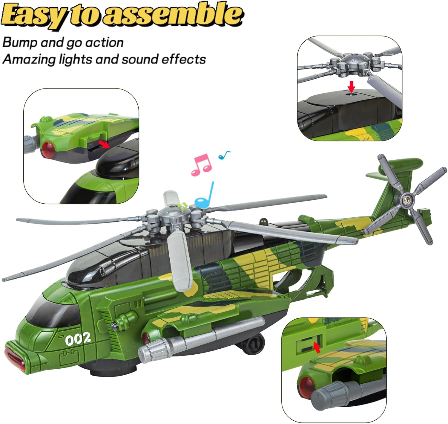 Helicopter Toy for Kids 3-5 6 7, Army Military Toy Helicopters with Lights and Music for Toddlers Birthday Gift, Bump and Go Airplane Toys for Boys Girls 3 4 5 6 7 Years Olds