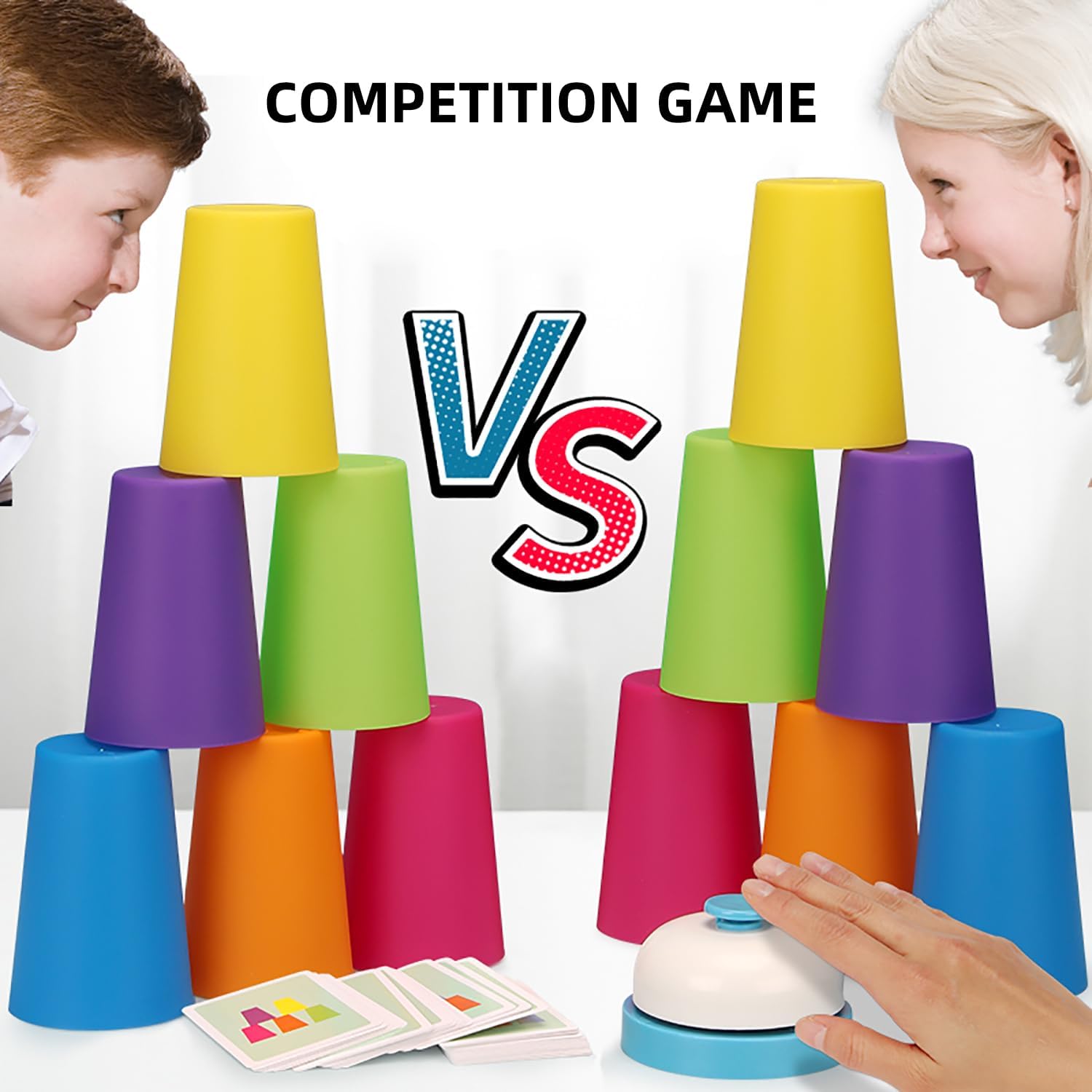 Family Game Battle Stacking Cups, Table Game Color Sorting Cognitive Training Stacking Cups, Puzzle Competitive Parent-Child Interactive Toys Halloween (54 Cards, 12 Cups, 1 Bell)