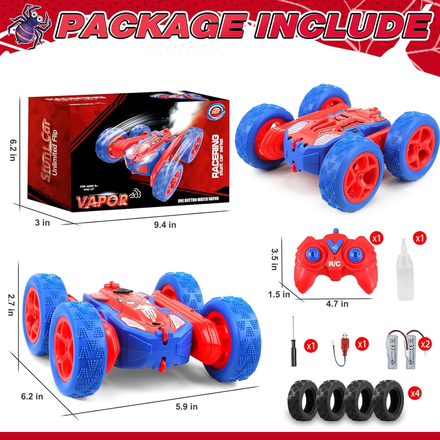Remote Control Car for 3 4 5 6 7 8 10 12 Year Old Boys, Spider Toys for Ages 8-13 3-5 Boys, Birthday Gifts for Boy Kids