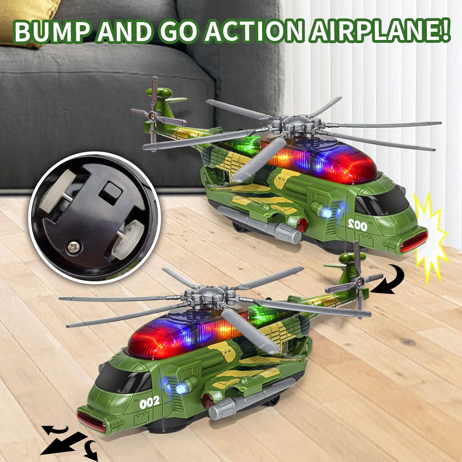 Helicopter Toy for Kids 3-5 6 7, Army Military Toy Helicopters with Lights and Music for Toddlers Birthday Gift, Bump and Go Airplane Toys for Boys Girls 3 4 5 6 7 Years Olds