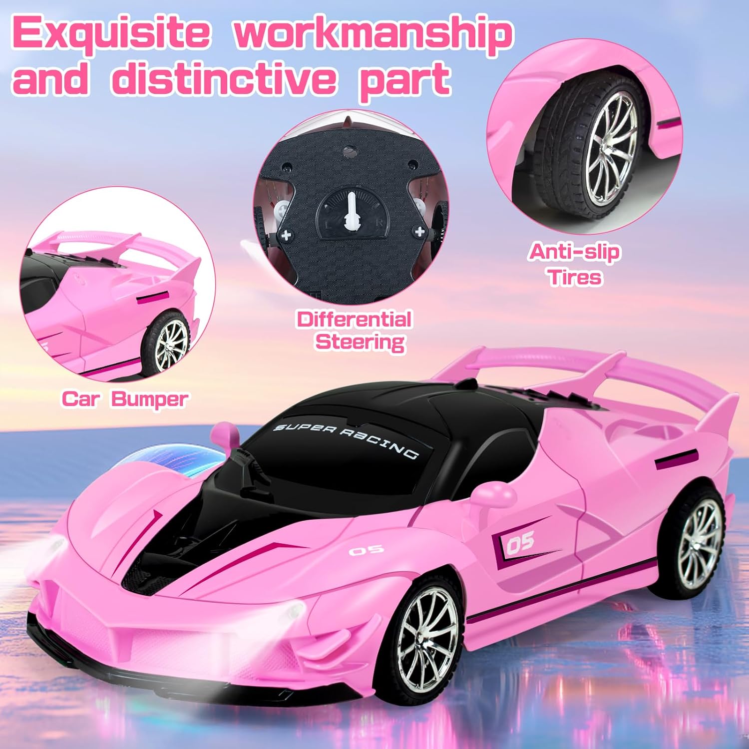 Remote Control Car for Girls, 1:18 Scale Hobby Rc Cars Toys for Kids Toddlers Age 3 4 5 6 7 8-12 Year Old- Model Sports Racing Car with Headlights Birthday Gift, Pink