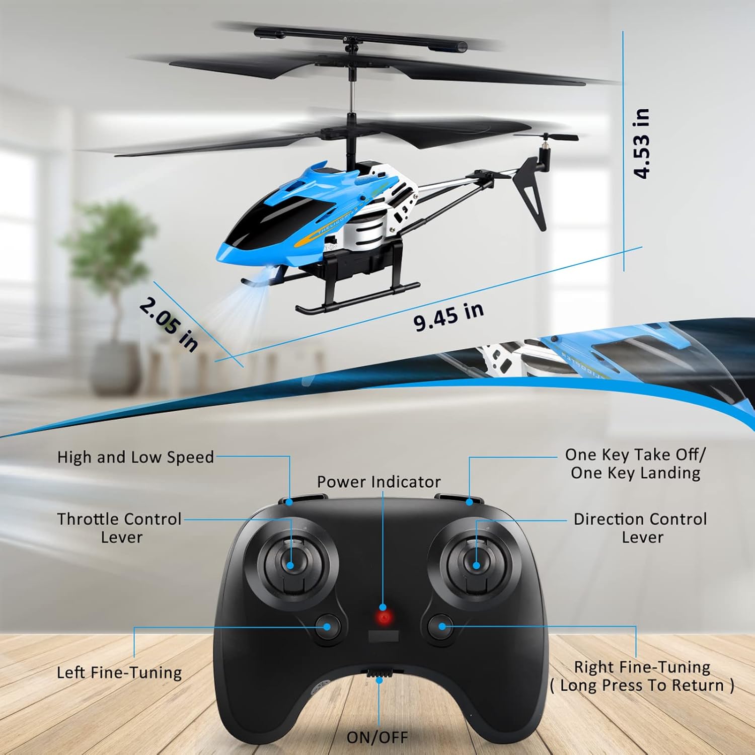 RC Helicopters - Remote Control Helicopter Toys: One Key Take-Off/Landing, Automatic Altitude Hold, LED Light &amp; 3.5 Channel Gyro Stabilizer, Flying Toys - Gift for Boys/Girls Kids Adults, Blue