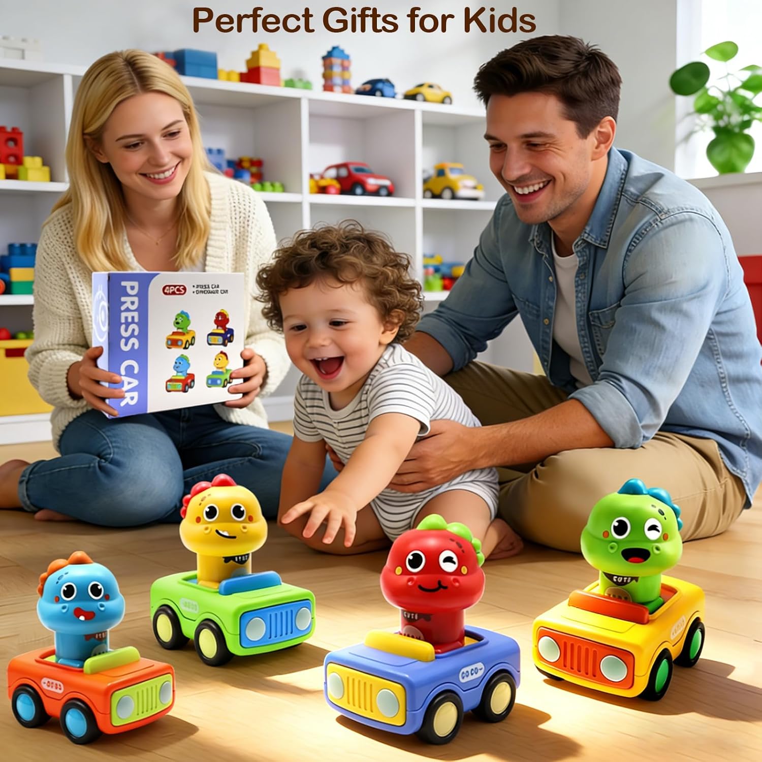Pbooo Press to Go Car, Dinoaur Car Toys for Toddlers 1-3, Kids' Play Vehicles and Race Cars, Push Go Cars for 6-12-18 Month, Ideal Christmas and Birthday Gift for 1-2 Year Old Kids