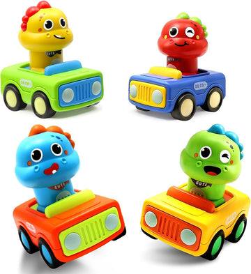 Pbooo Press to Go Car, Dinoaur Car Toys for Toddlers 1-3, Kids' Play Vehicles and Race Cars, Push Go Cars for 6-12-18 Month, Ideal Christmas and Birthday Gift for 1-2 Year Old Kids