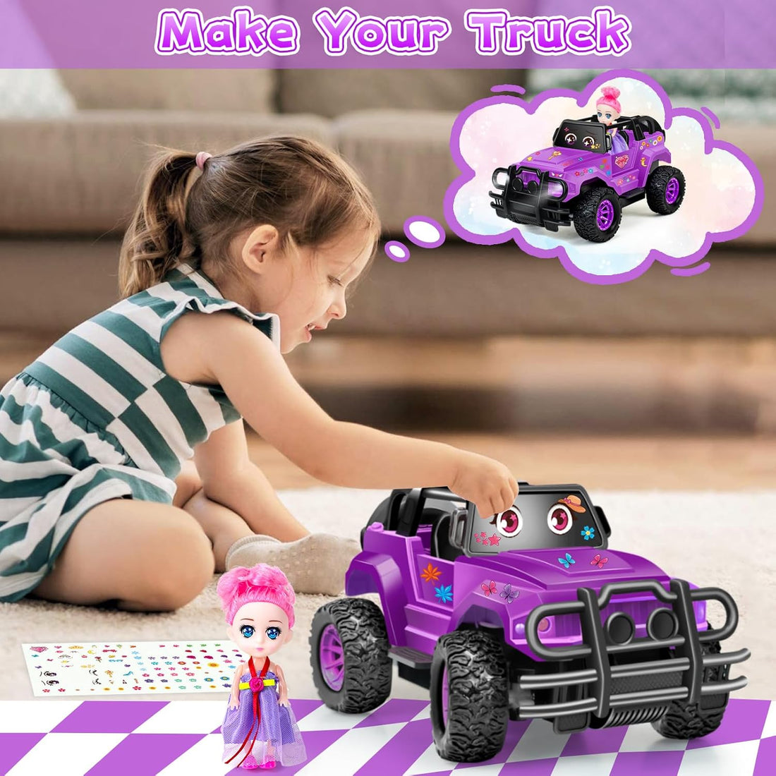 Remote Control Car, Purple Rc Truck with DIY Stickers and Doll for Girls Toddlers, 1:20 Scale RC Truck All Terrain Trucks, Rc Car Toys Gift for Kids Age 3 4 5 6-12 Birthday