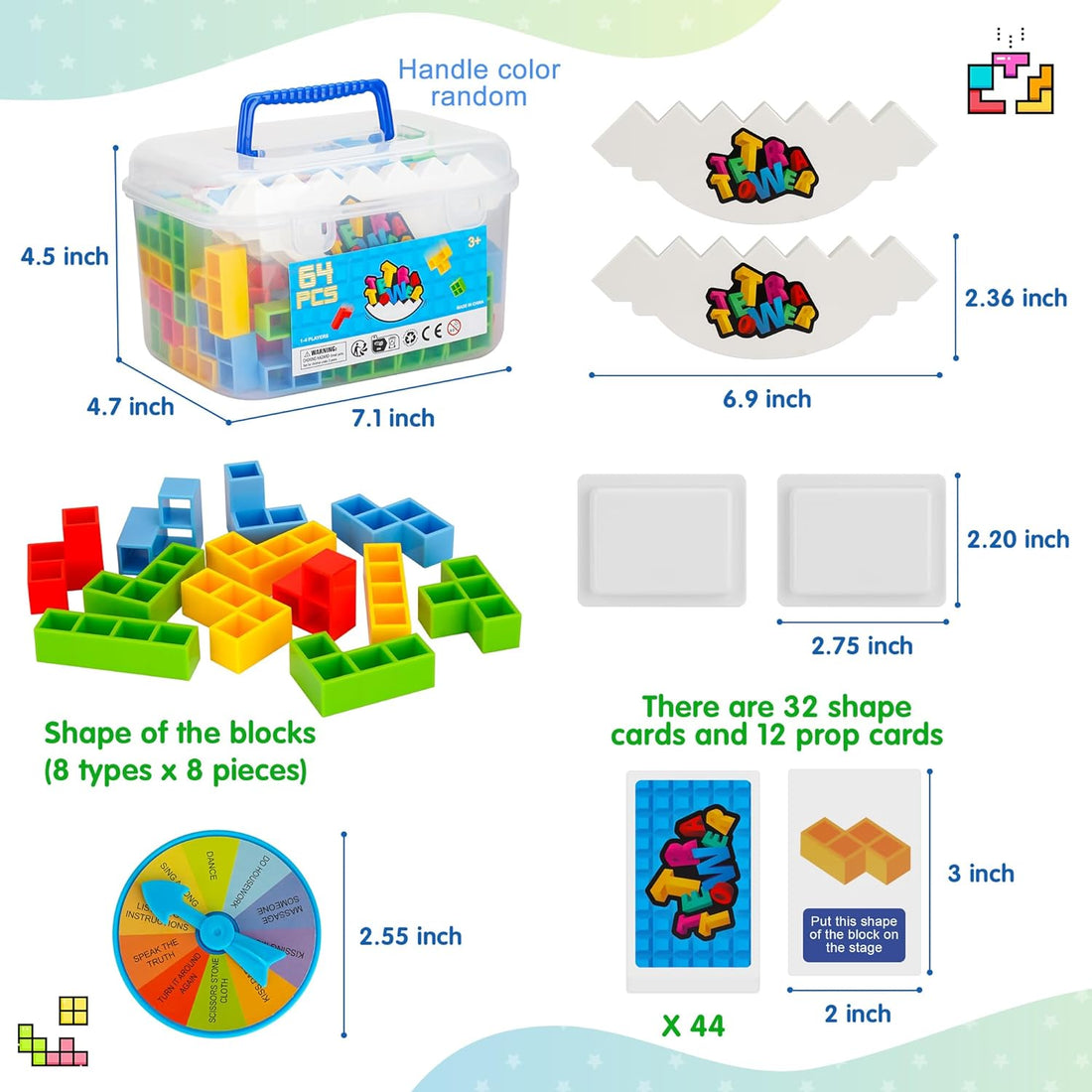 WOWNOVA 64PCS Deluxe Tetra Tower Game for Family Game Night, Balance Stacking Blocks Tower Board Game for Fun Party Games, Stacking Game for Kids &amp; Adults, with Prize Wheel&amp;Cute Clear Storage Box