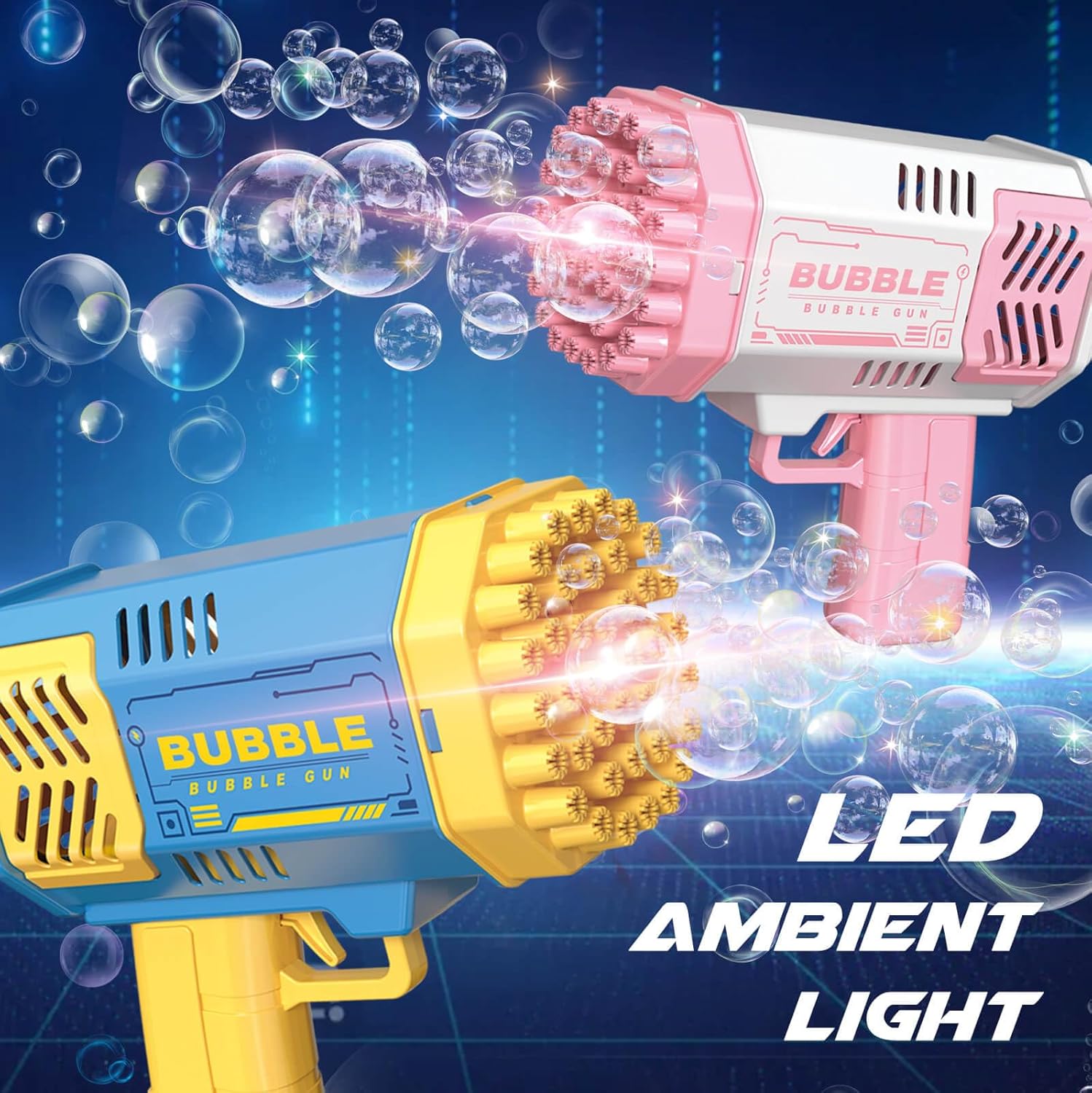Bubble Gun 2 Pack with 2 Bottles Bubble Solution, 40-Hole Light Up Dip Bubble Machine for Kids, Bubble Toy for 3 4 5 6 7 8 Years Old Boys Outdoor Indoor Kid Birthday Wedding Party(Blue&amp;Pink)