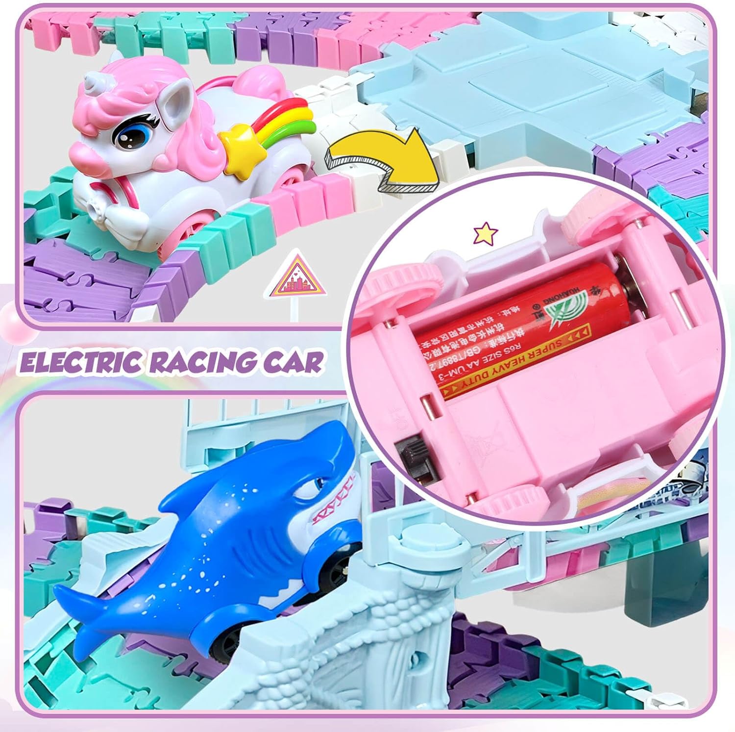 Toys for 3-8 Year Old Girls: Unicorn Car Race Magic Tracks for Toddlers, Car Games for Kids Ages 3-5, Gifts for 4 5 6 7 8 Years Old Girls Presents - Flexible RaceTracks with 2 Electric Cars