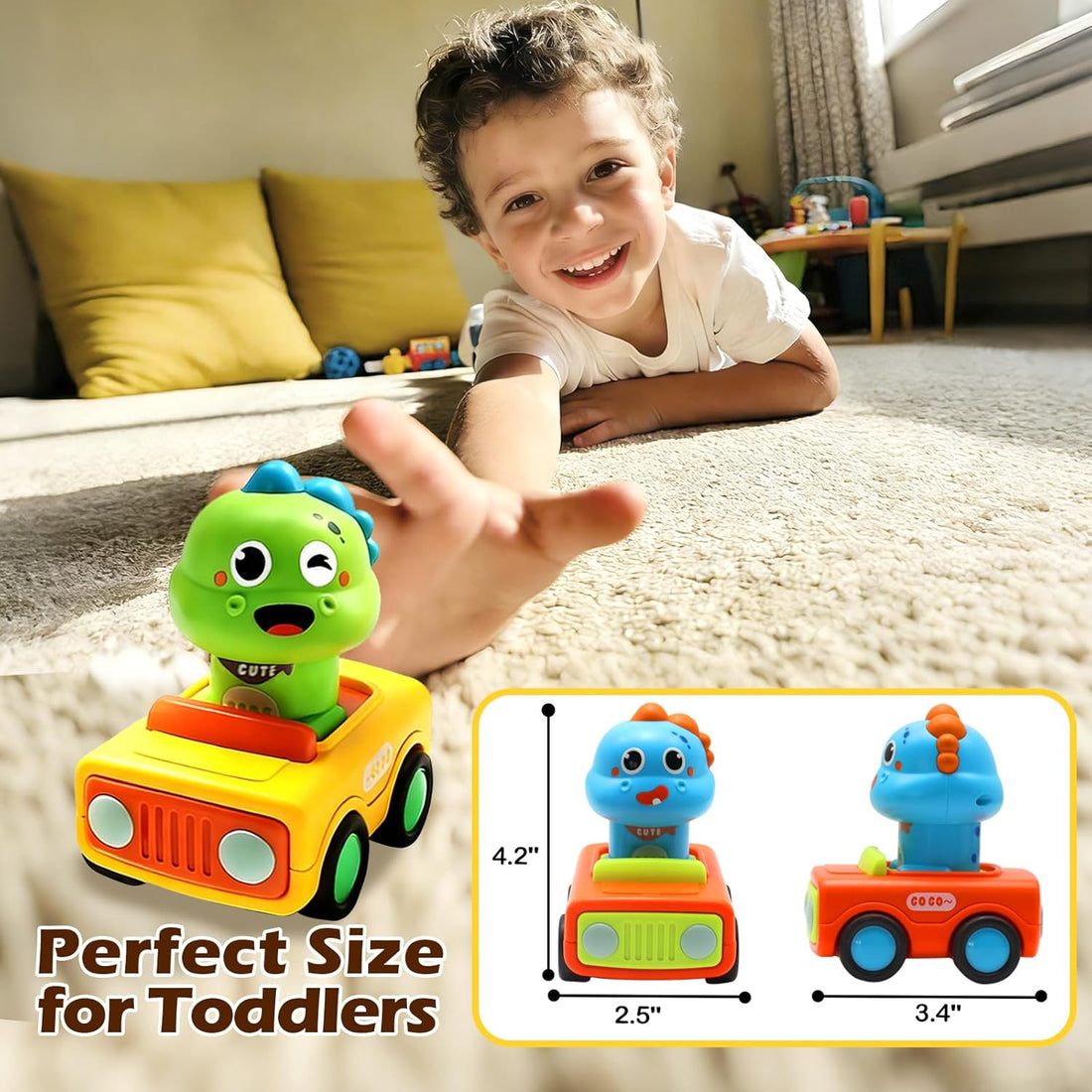 Pbooo Press to Go Car, Dinoaur Car Toys for Toddlers 1-3, Kids' Play Vehicles and Race Cars, Push Go Cars for 6-12-18 Month, Ideal Christmas and Birthday Gift for 1-2 Year Old Kids