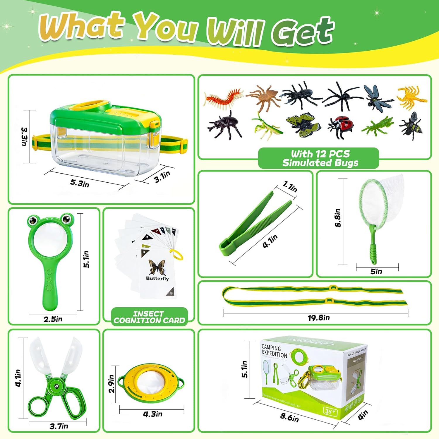 Bug Catcher for Kids, 28 PCS Outdoor Explorer Kit with Magnifier Glass Bug Collector Toy Butterfly Net Catcher Tweezers Insect Cognition Cards, Outdoor Toys for Kids Ages 4-8 Boys Girls
