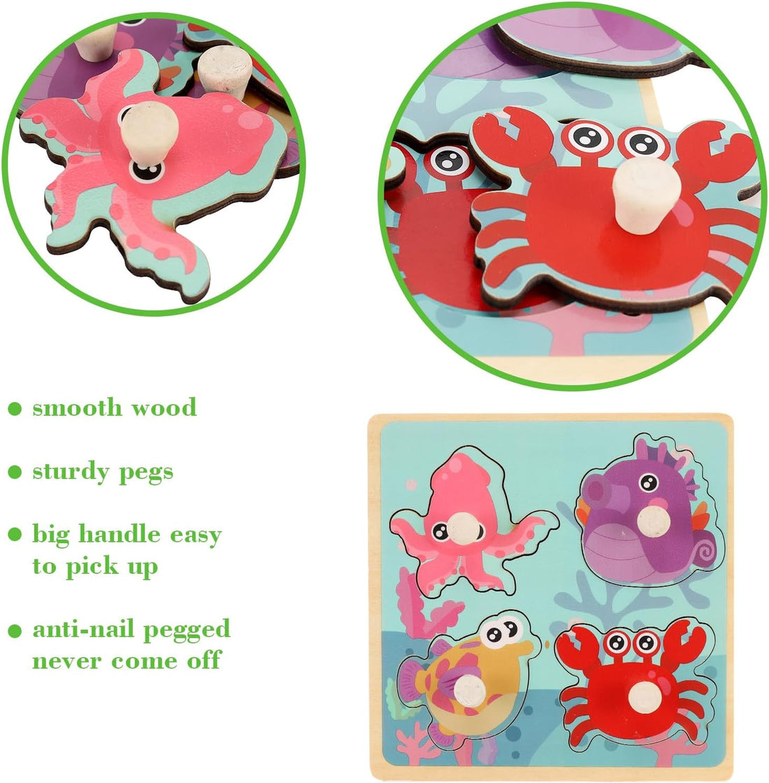Wooden Peg Puzzles for Toddlers 1-3, Kids' Educational Preschool Peg Puzzle Toy, Set of 4 Toddler Puzzles - Farm, Dinosaur, Fruit and Marine Animals, Ideal Gift for Ages 1 2 3 Boys and Girls