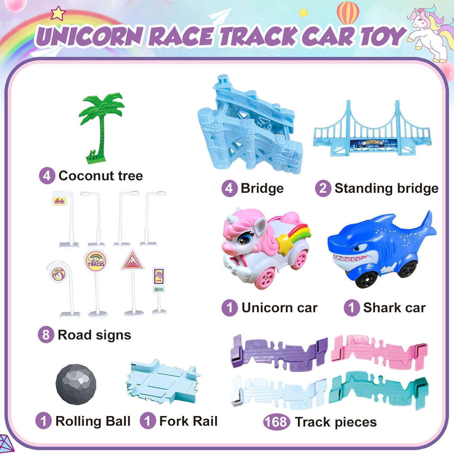 Toys for 3-8 Year Old Girls: Unicorn Car Race Magic Tracks for Toddlers, Car Games for Kids Ages 3-5, Gifts for 4 5 6 7 8 Years Old Girls Presents - Flexible RaceTracks with 2 Electric Cars