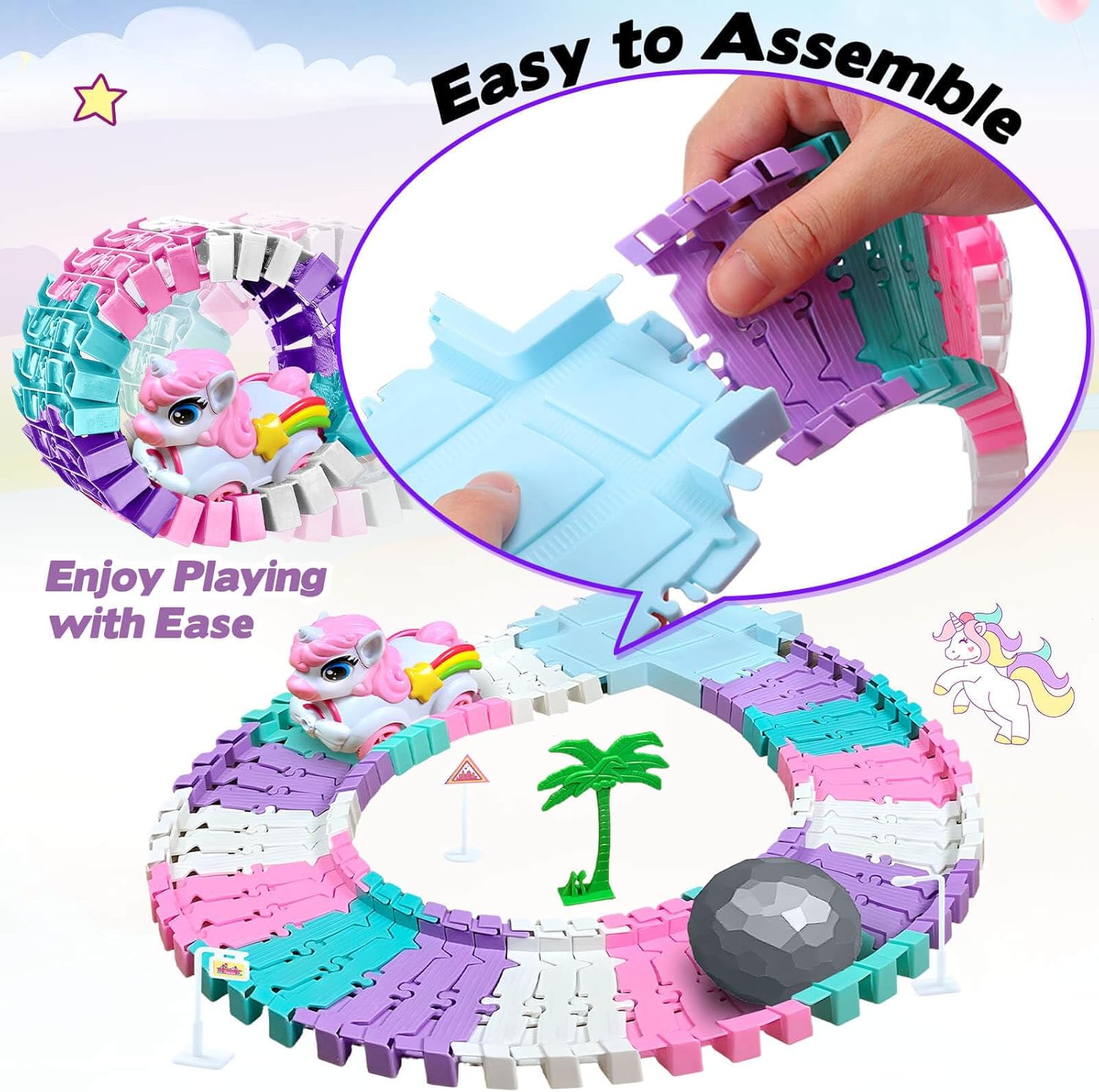 Toys for 3-8 Year Old Girls: Unicorn Car Race Magic Tracks for Toddlers, Car Games for Kids Ages 3-5, Gifts for 4 5 6 7 8 Years Old Girls Presents - Flexible RaceTracks with 2 Electric Cars