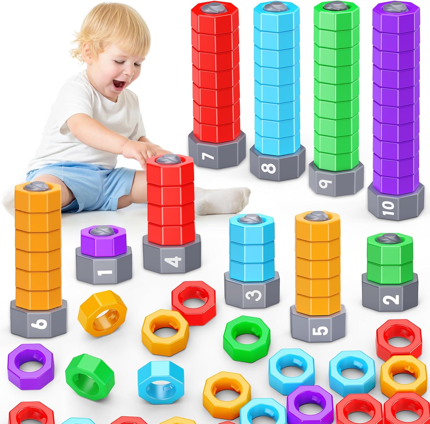 2-in-1 Montessori Counting &amp; Stacking Toys for Toddlers Ages 1-5 Autism Sensory Toys for Kids Preschool Educational Spinning Learning Games Birthday Xmas Gifts for Boys Girls 1-5 Year Old