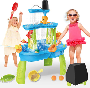 3-Tier Water Table for Toddlers with Pump, Table Cover - Sand Activity Sensory Playset, Summer Outdoor Outside Pool Backyard Beach Toys for Kids Age 1 2 3 4 5 8 Year Old Boys Girls