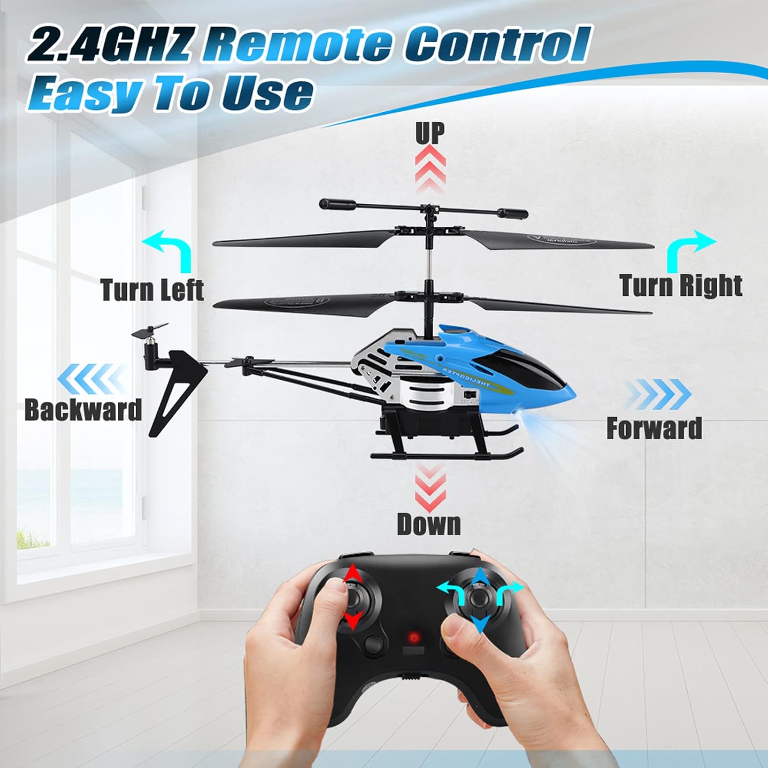 RC Helicopters - Remote Control Helicopter Toys: One Key Take-Off/Landing, Automatic Altitude Hold, LED Light &amp; 3.5 Channel Gyro Stabilizer, Flying Toys - Gift for Boys/Girls Kids Adults, Blue