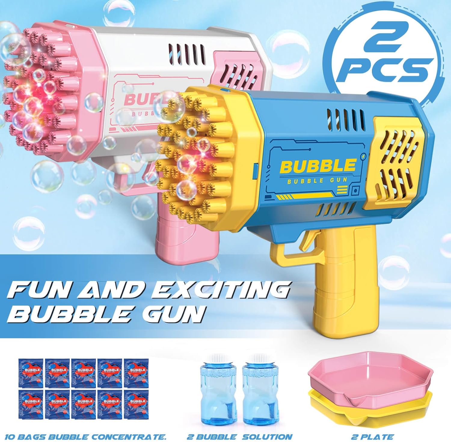 Bubble Gun 2 Pack with 2 Bottles Bubble Solution, 40-Hole Light Up Dip Bubble Machine for Kids, Bubble Toy for 3 4 5 6 7 8 Years Old Boys Outdoor Indoor Kid Birthday Wedding Party(Blue&amp;Pink)