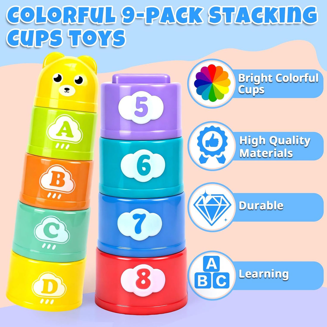 Stacking Cups Toys for Toddlers 1-3, Baby Toys Stacking Cups &amp; Teething Toy for Babies 6-12 Months Montessori Educational or Bath Fun Stacking Blocks for Toddlers 1-3