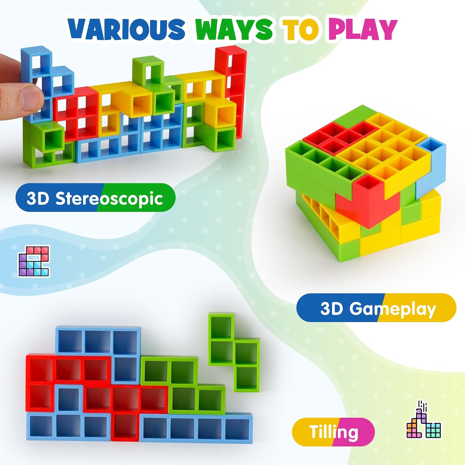 WOWNOVA 64PCS Deluxe Tetra Tower Game for Family Game Night, Balance Stacking Blocks Tower Board Game for Fun Party Games, Stacking Game for Kids &amp; Adults, with Prize Wheel&amp;Cute Clear Storage Box