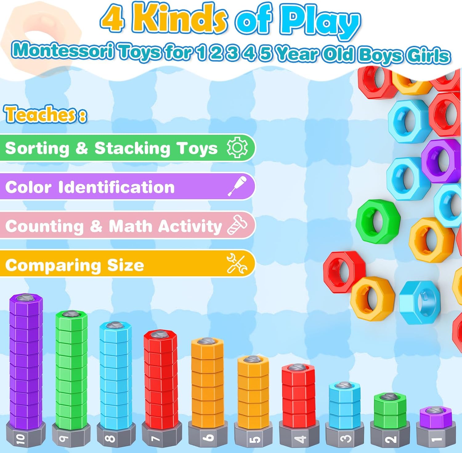 2-in-1 Montessori Counting &amp; Stacking Toys for Toddlers Ages 1-5 Autism Sensory Toys for Kids Preschool Educational Spinning Learning Games Birthday Xmas Gifts for Boys Girls 1-5 Year Old