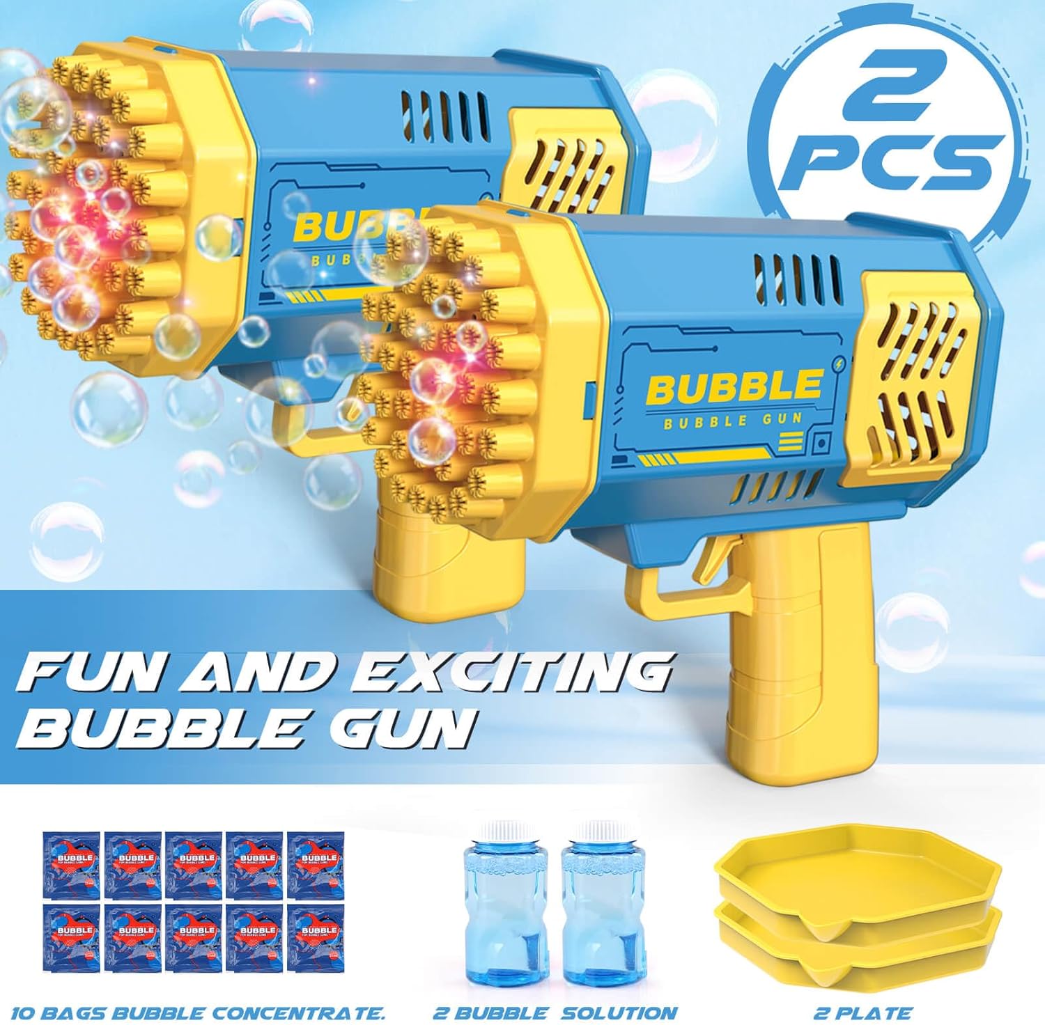 Bubble Gun 2 Pack with 2 Bottles Bubble Solution, 40-Hole Light Up Dip Bubble Machine for Kids, Bubble Toy for 3 4 5 6 7 8 Years Old Boys Outdoor Indoor Kid Birthday Wedding Party(2*Blue)