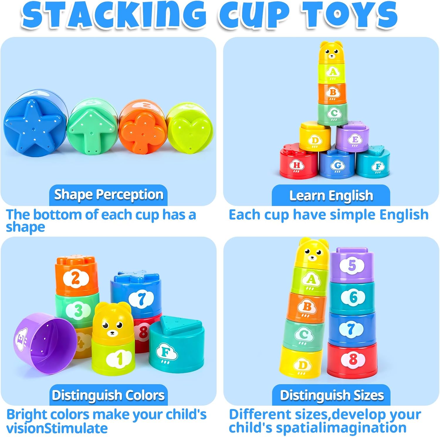 Stacking Cups Toys for Toddlers 1-3, Baby Toys Stacking Cups &amp; Teething Toy for Babies 6-12 Months Montessori Educational or Bath Fun Stacking Blocks for Toddlers 1-3