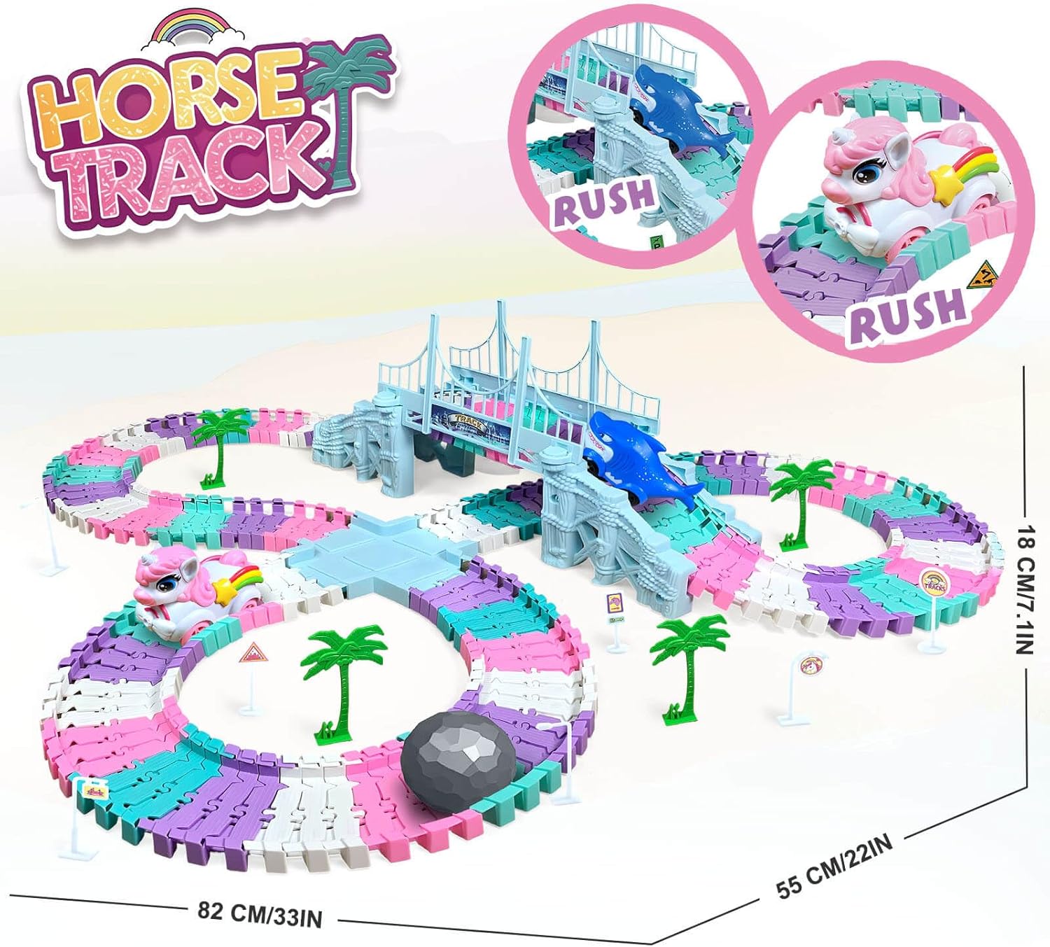 Toys for 3-8 Year Old Girls: Unicorn Car Race Magic Tracks for Toddlers, Car Games for Kids Ages 3-5, Gifts for 4 5 6 7 8 Years Old Girls Presents - Flexible RaceTracks with 2 Electric Cars