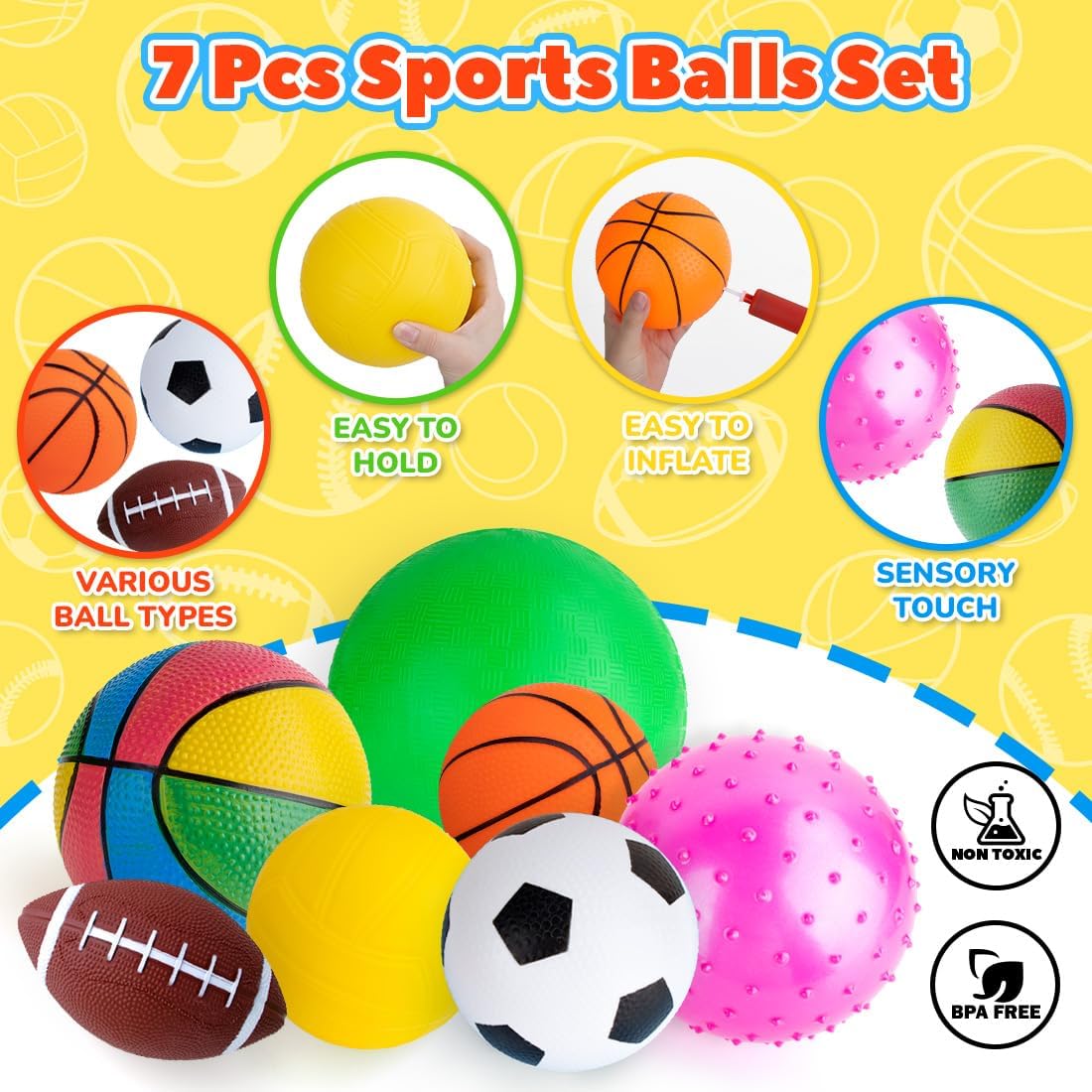 Balls for Toddlers 1-3,Toddler Sports Ball Outdoor Toys,Set of 7 Kids Foam Ball Baby Ball Indoor Outdoor Toys-Playground Ball Basketball Football Volleyball Rugby Bounce Ball with Bag