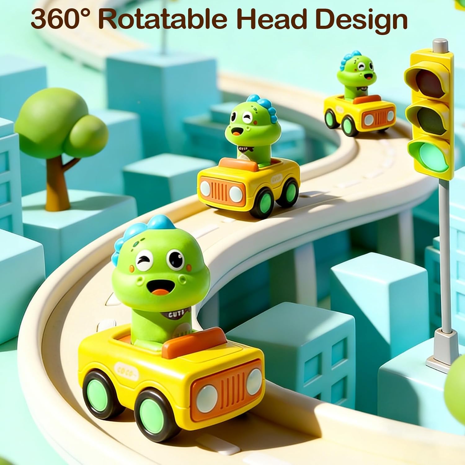 Pbooo Press to Go Car, Dinoaur Car Toys for Toddlers 1-3, Kids' Play Vehicles and Race Cars, Push Go Cars for 6-12-18 Month, Ideal Christmas and Birthday Gift for 1-2 Year Old Kids