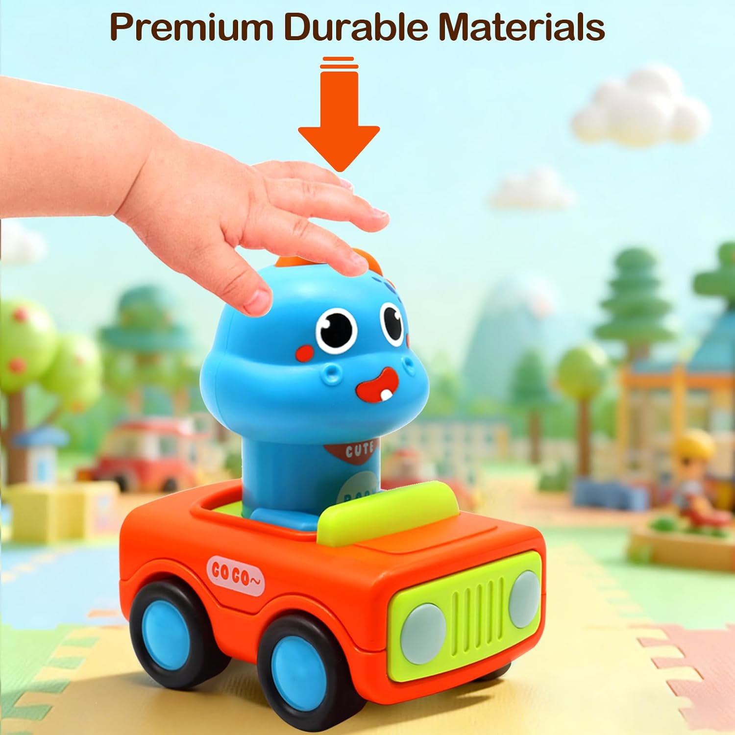 Pbooo Press to Go Car, Dinoaur Car Toys for Toddlers 1-3, Kids' Play Vehicles and Race Cars, Push Go Cars for 6-12-18 Month, Ideal Christmas and Birthday Gift for 1-2 Year Old Kids