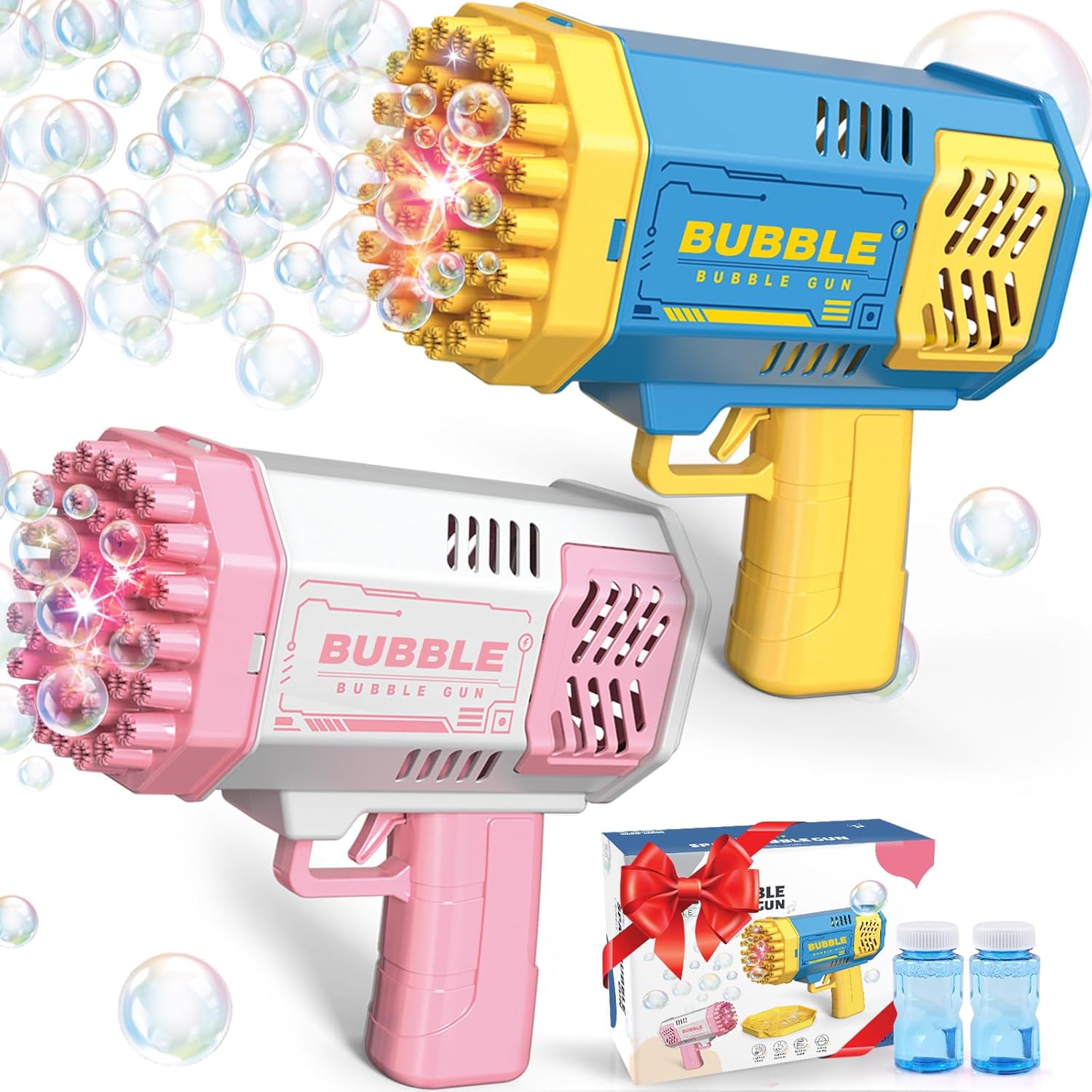 Bubble Gun 2 Pack with 2 Bottles Bubble Solution, 40-Hole Light Up Dip Bubble Machine for Kids, Bubble Toy for 3 4 5 6 7 8 Years Old Boys Outdoor Indoor Kid Birthday Wedding Party(Blue&amp;Pink)