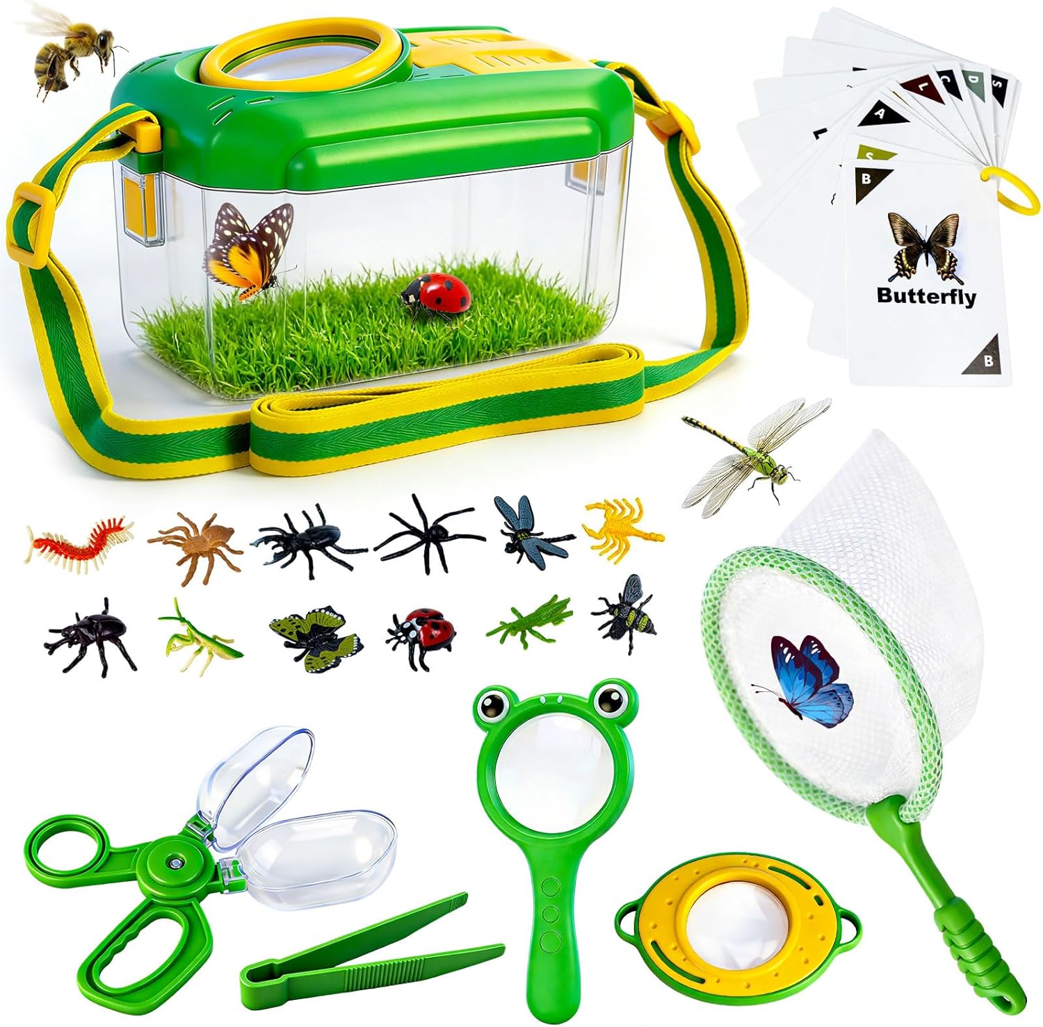 Bug Catcher for Kids, 28 PCS Outdoor Explorer Kit with Magnifier Glass Bug Collector Toy Butterfly Net Catcher Tweezers Insect Cognition Cards, Outdoor Toys for Kids Ages 4-8 Boys Girls