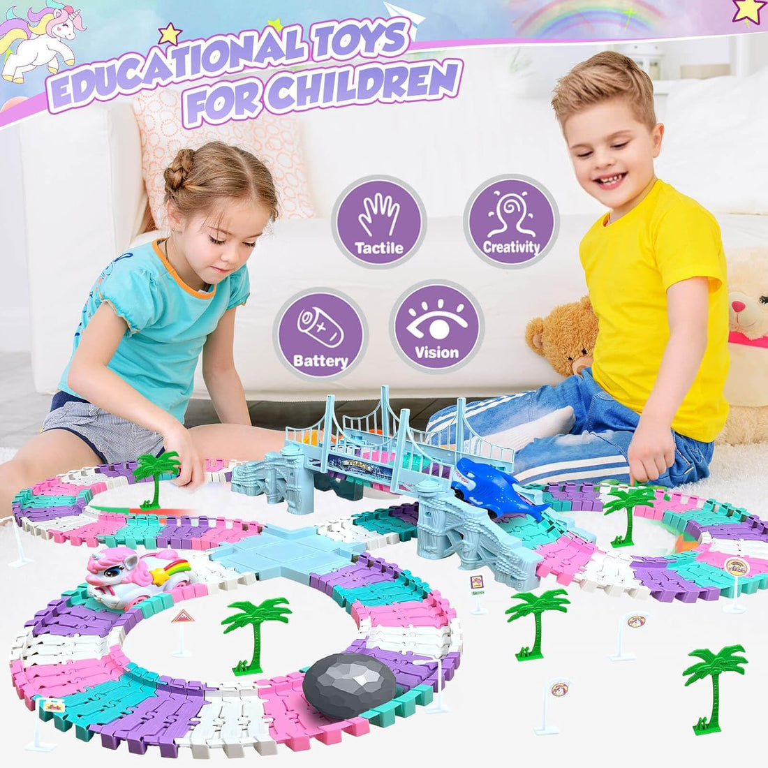 Toys for 3-8 Year Old Girls: Unicorn Car Race Magic Tracks for Toddlers, Car Games for Kids Ages 3-5, Gifts for 4 5 6 7 8 Years Old Girls Presents - Flexible RaceTracks with 2 Electric Cars
