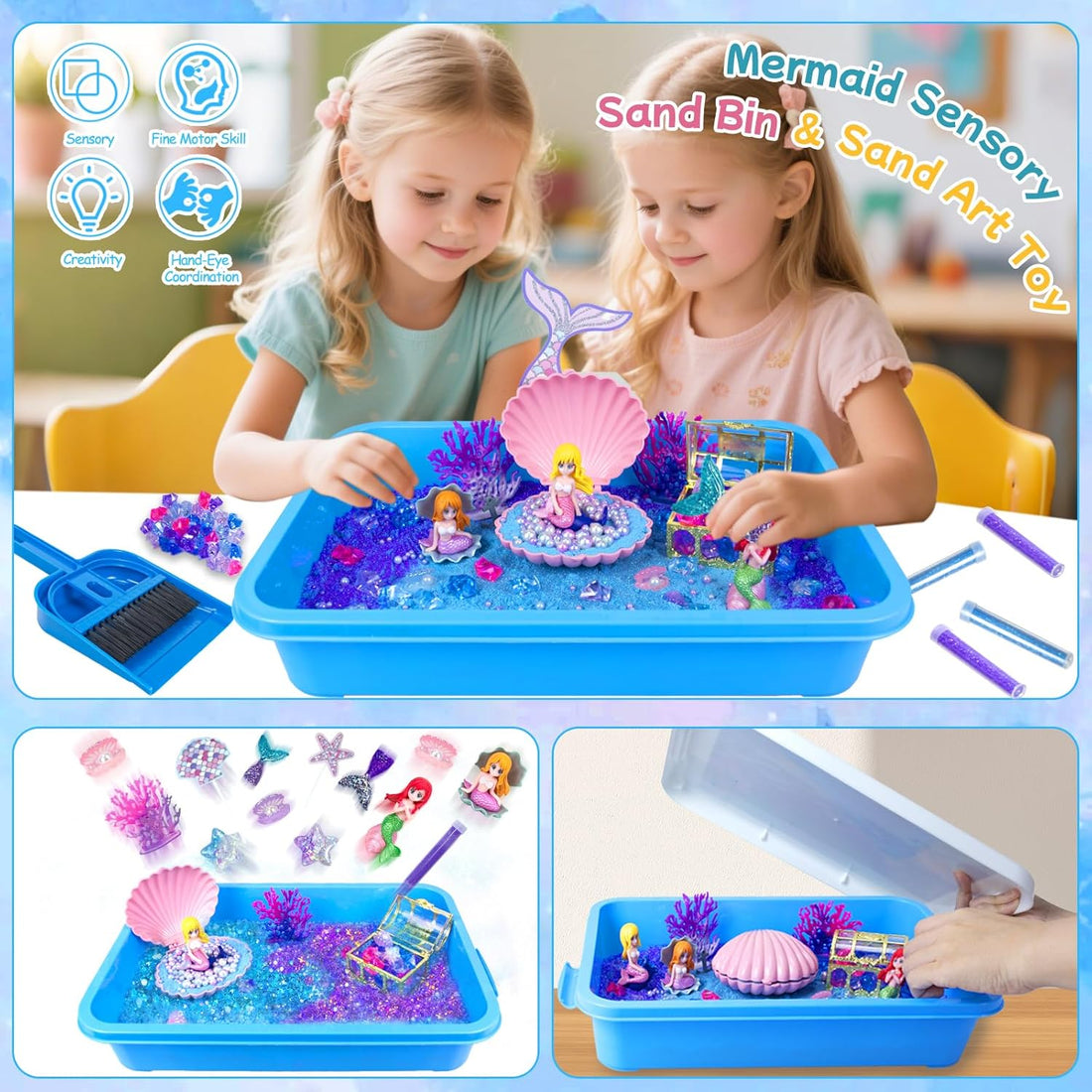 Mermaid Sensory Bin, Play Sand Art Kit with Sandbox &amp; Accessories &amp; Tools &amp; Colorful Sea Shell Conch Starfish Gems Toys Set, Indoor Outdoor Pretend Play Beach Toy Birthday for Girls Boys 3 4 5 6 7 8