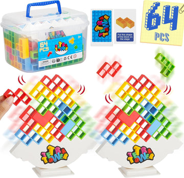 WOWNOVA 64PCS Deluxe Tetra Tower Game for Family Game Night, Balance Stacking Blocks Tower Board Game for Fun Party Games, Stacking Game for Kids &amp; Adults, with Prize Wheel&amp;Cute Clear Storage Box