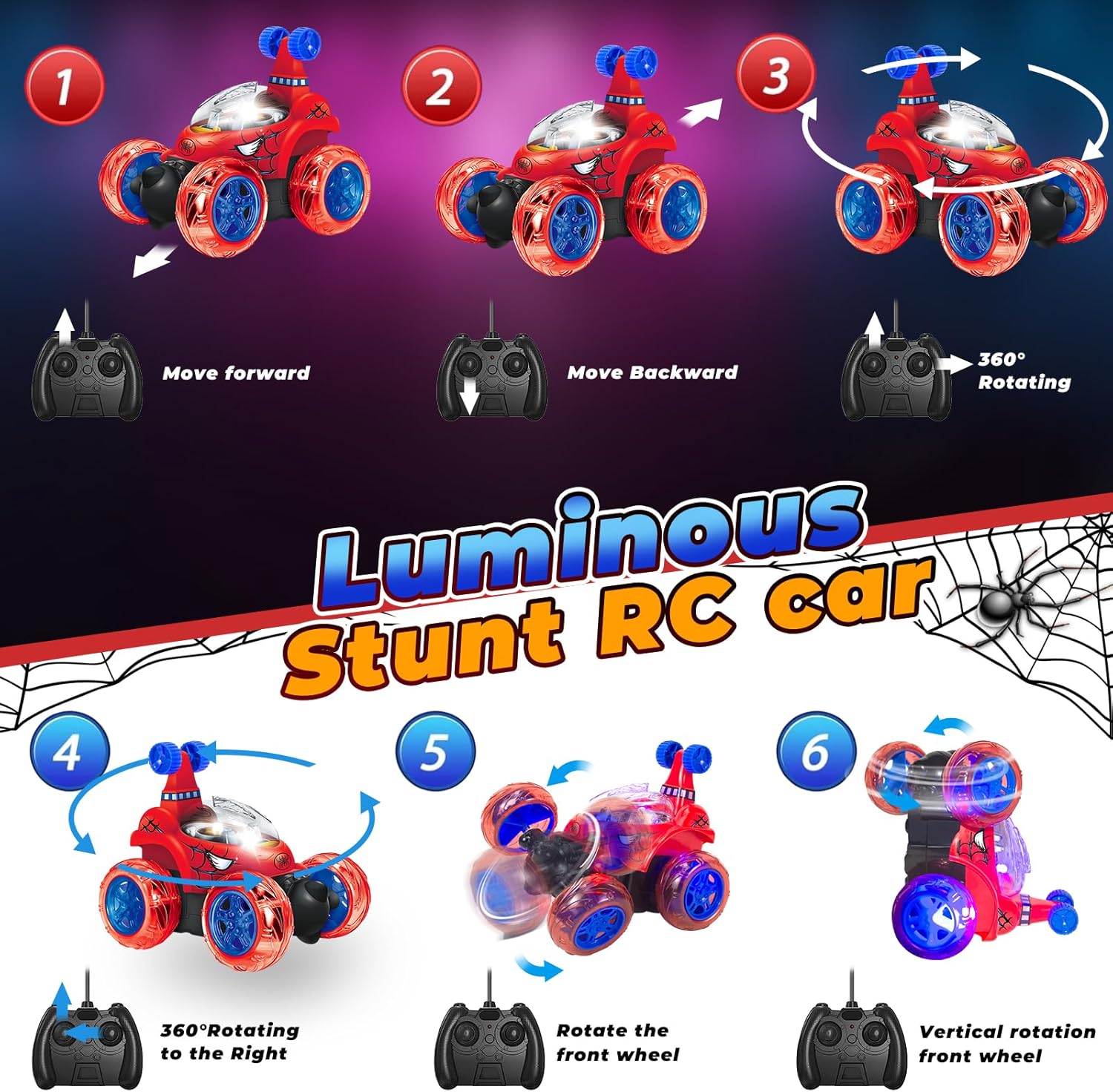 Spider Rc Cars, Remote Control Car for Boys 4-7 8-12 Stunt Rc Monster Trucks with 360 Flips &amp; 3D Lights &amp; Music, Car Toys for Kids Toddlers Birthday Gift