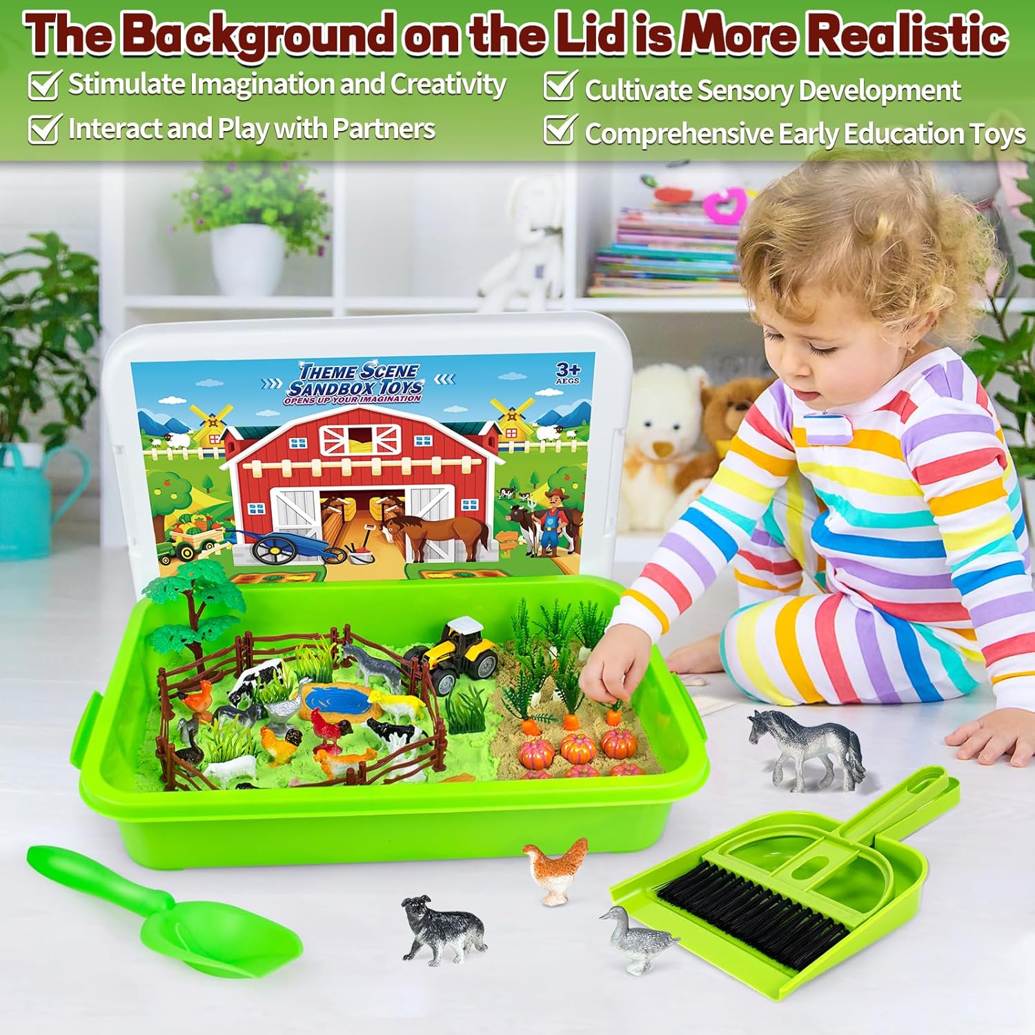 Sensory Bin, 59 Pcs Farm Sensory Sand Box Kits with Sandbox &amp; Farm Animals &amp; Tractor Playset, Play Sand Art Kit Magic Sand Toys for Boys Girls Toddlers Birthday Gift for Kids