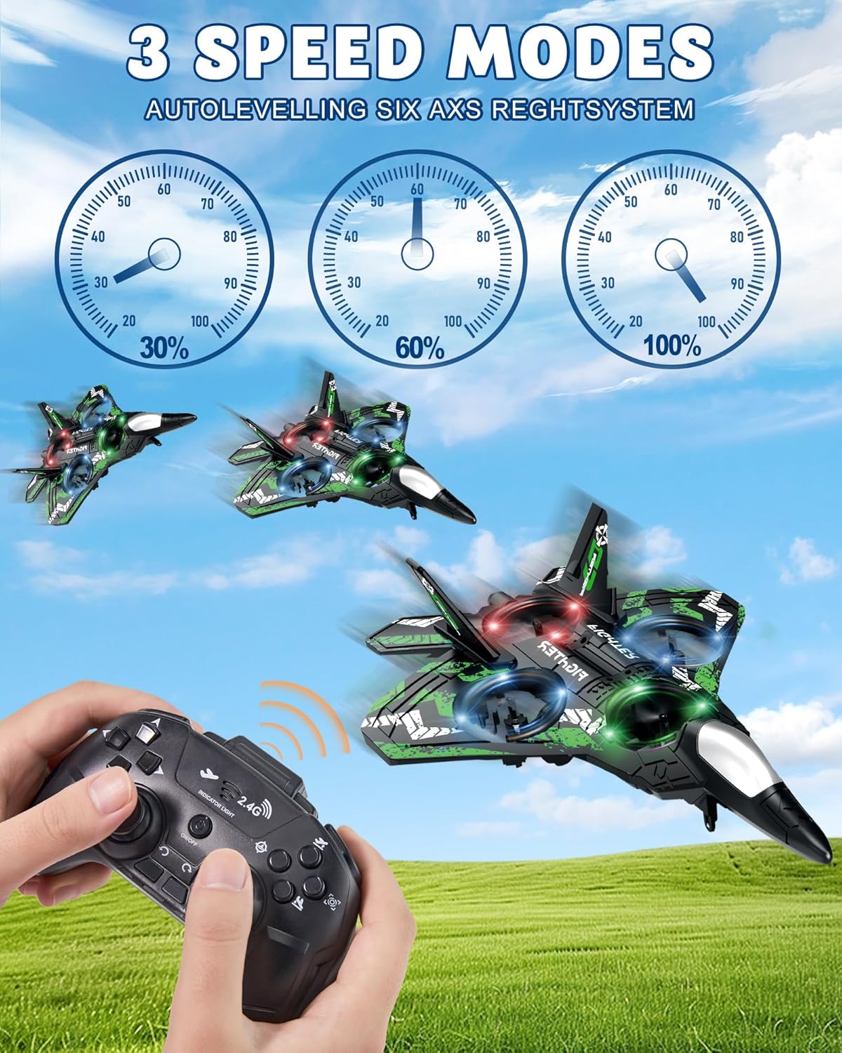 Form RC Plane Drones for Kids, Remote Control Airplane, Aircrafts for Boys and Girls, Jet Helicopter Drones with LED Lights 360° Flip, 2 Rechargeable Batteries (Green)
