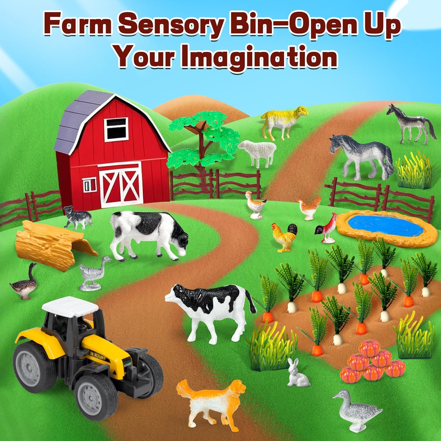 Sensory Bin, 59 Pcs Farm Sensory Sand Box Kits with Sandbox &amp; Farm Animals &amp; Tractor Playset, Play Sand Art Kit Magic Sand Toys for Boys Girls Toddlers Birthday Gift for Kids