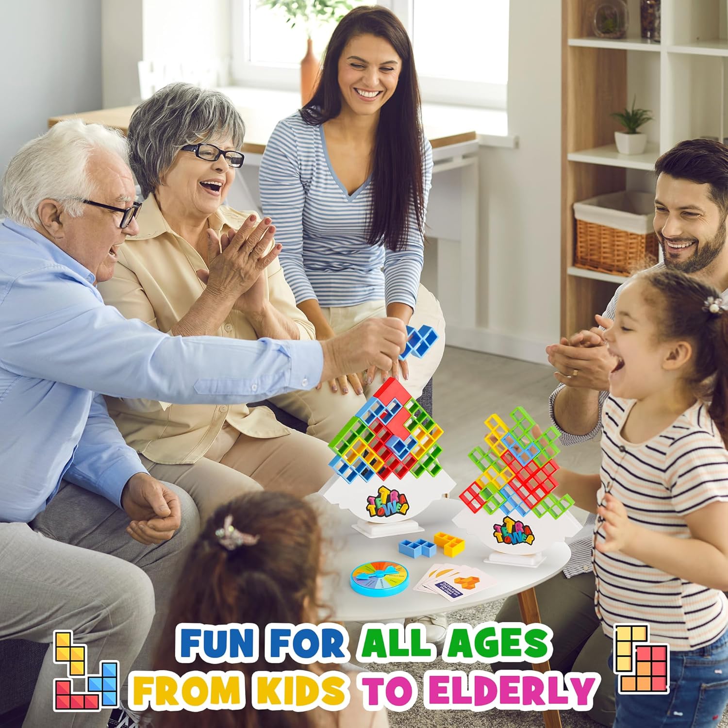 WOWNOVA 64PCS Deluxe Tetra Tower Game for Family Game Night, Balance Stacking Blocks Tower Board Game for Fun Party Games, Stacking Game for Kids &amp; Adults, with Prize Wheel&amp;Cute Clear Storage Box