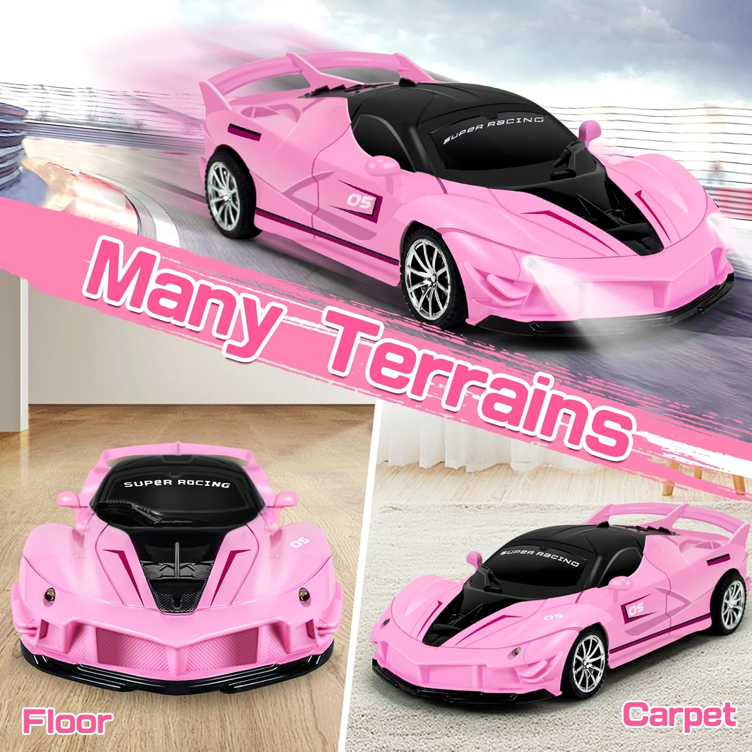 Remote Control Car for Girls, 1:18 Scale Hobby Rc Cars Toys for Kids Toddlers Age 3 4 5 6 7 8-12 Year Old- Model Sports Racing Car with Headlights Birthday Gift, Pink