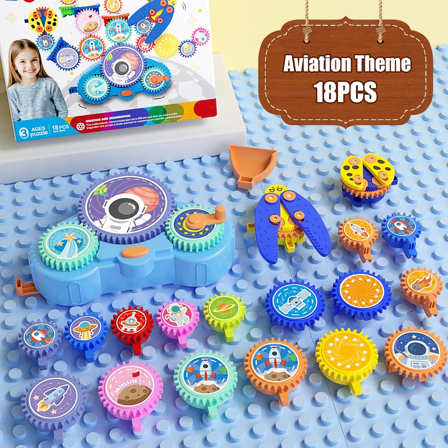 STEM Gears Toys for Kids Ages 3+, Creative Learning Building Blocks, 18Pcs Educational Construction Toy Set, Electric &amp; Manual Dual Mode, Versatile Gear Playset Gift for Boys &amp; Girls