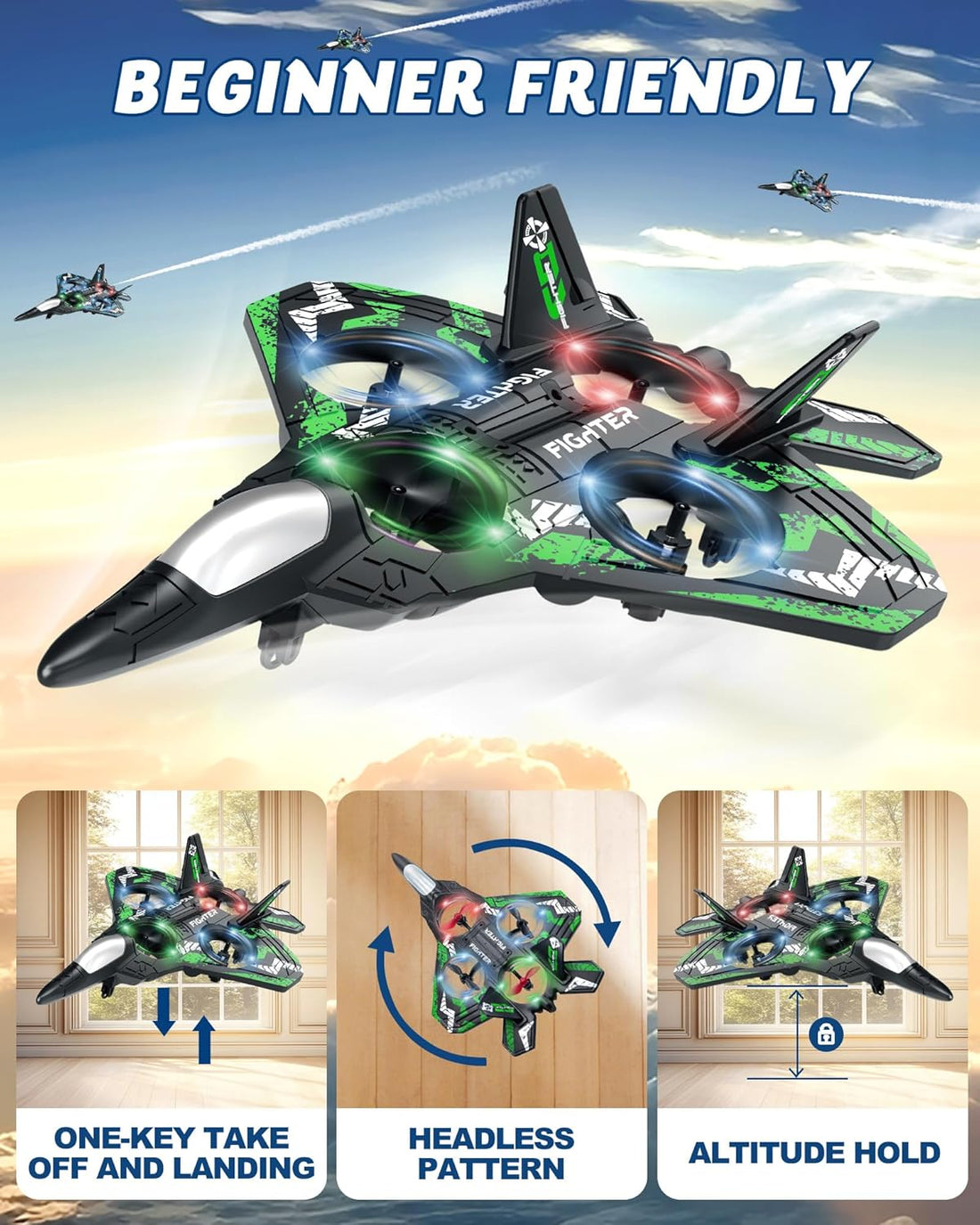 Form RC Plane Drones for Kids, Remote Control Airplane, Aircrafts for Boys and Girls, Jet Helicopter Drones with LED Lights 360° Flip, 2 Rechargeable Batteries (Green)